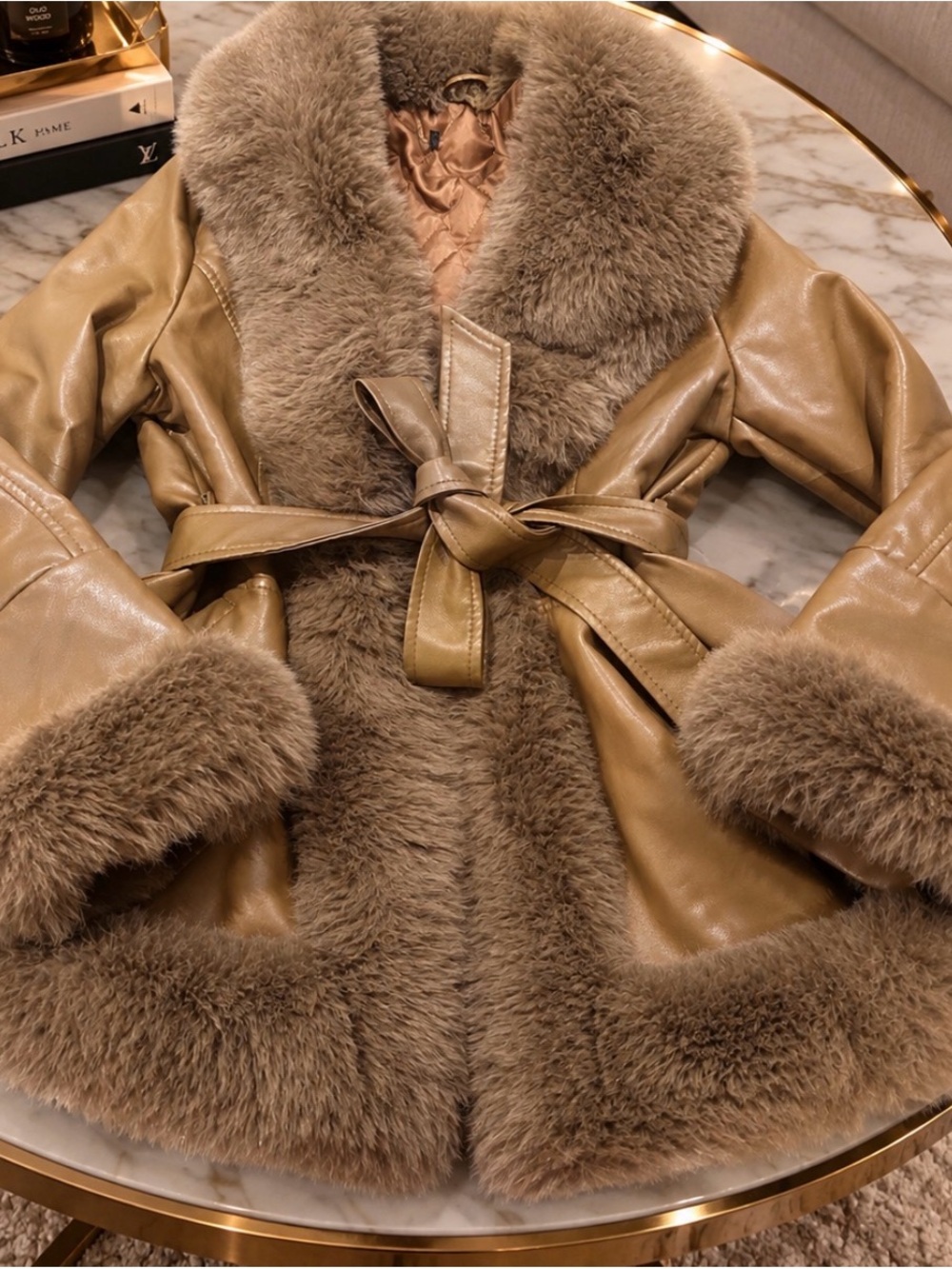 Taupe Faux-Fur Trim Belted Coat - Women